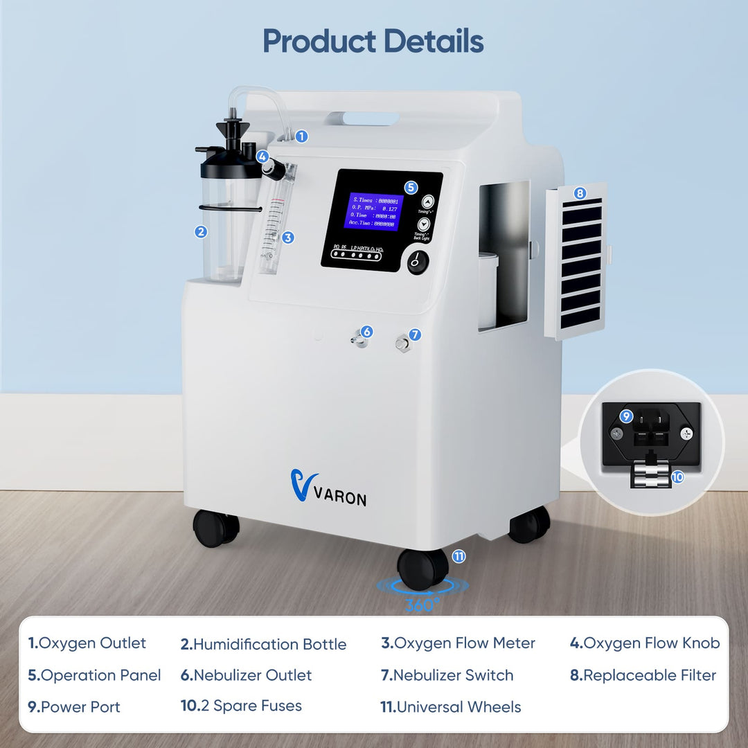 Varon Oxygen Concentrator Medical Grade Stable 93% Oxygen Purity at 0.5-5L/min Continuous Flow Serene 5L for Home Use
