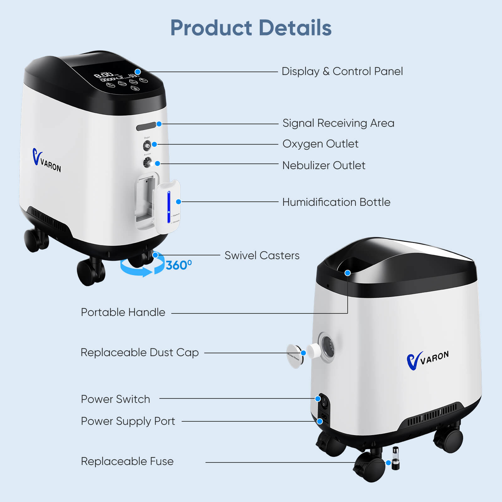 VARON Home Oxygen Concentrator With the Wheels 105W Pro Max