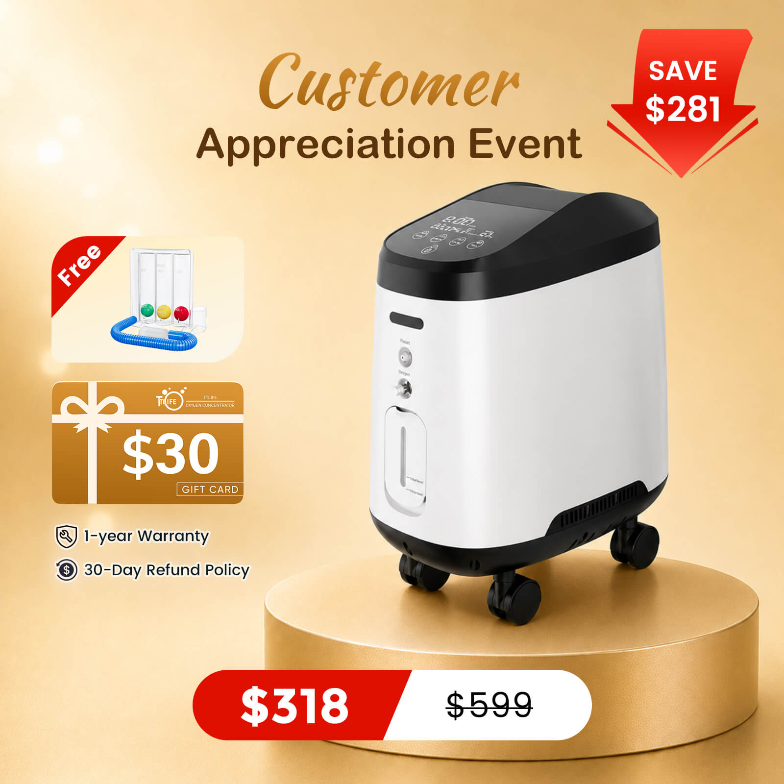 VARON Home Oxygen Concentrator With Wheels 105W Pro