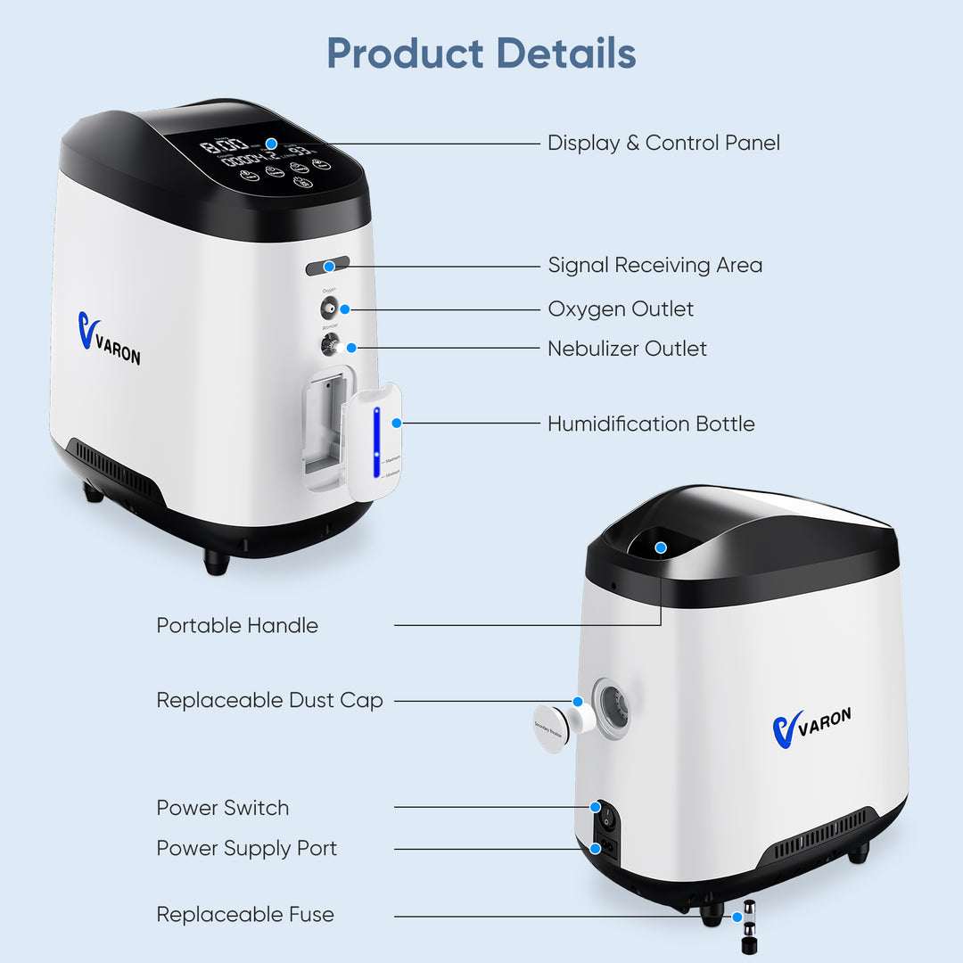 Varon 1-8 Liter Home Use Oxygen Concentrator Ultra Quiet 105W Pro 24/7D Use with 10-stage Filtration