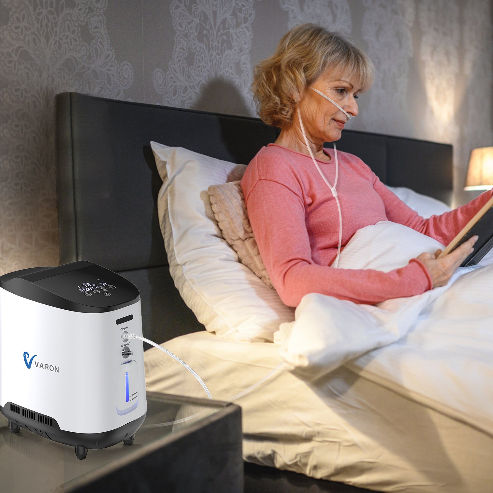 Home Oxygen Concentrator Varon 1-7L/min Adjustable 105W Breathing Machine for Home, Indoor or Car Use with AC/DC Power Supply, Nebulizer Treatment
