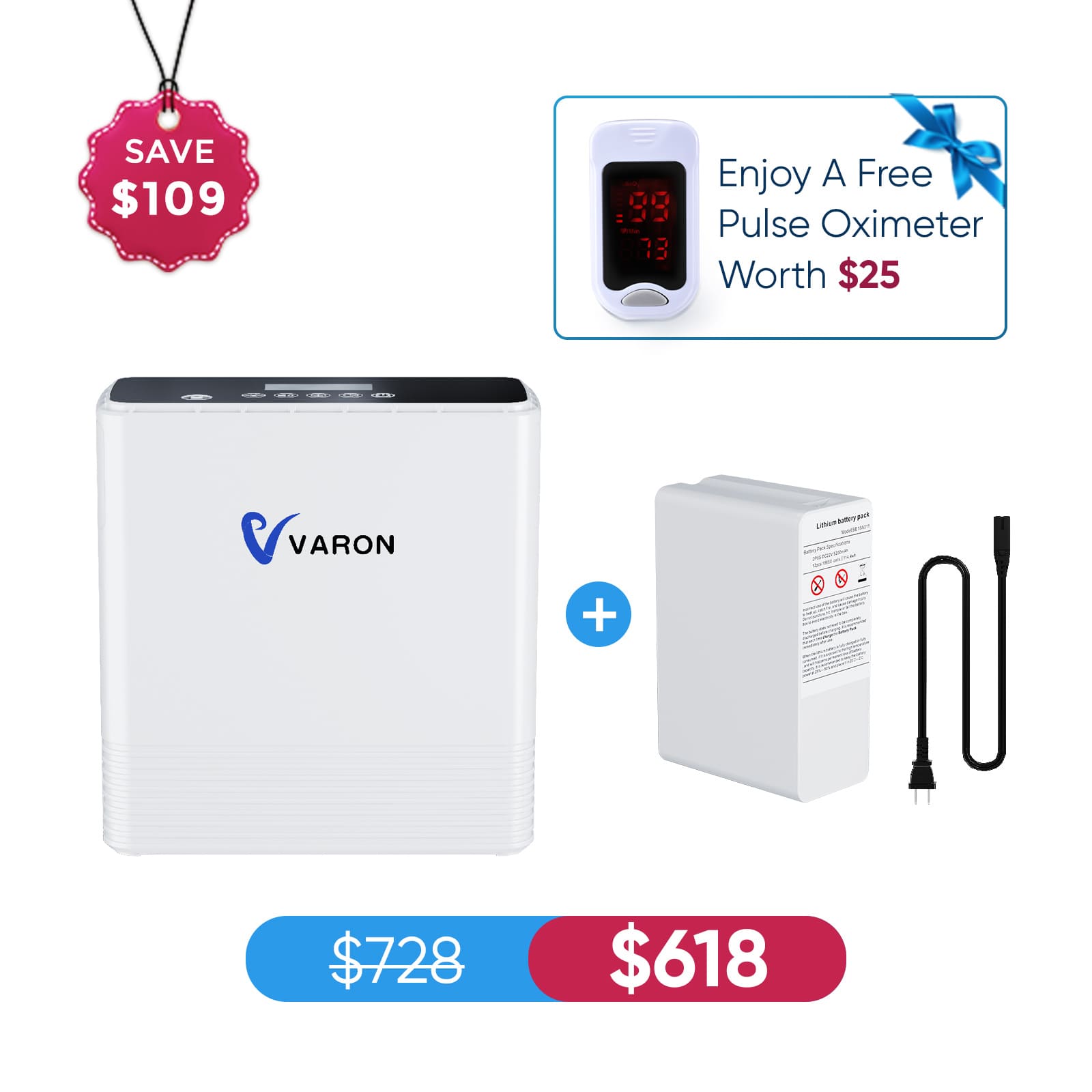 VARON Portable Oxygen Concentrator 1-6L/min NT-06+One Battery Bundle