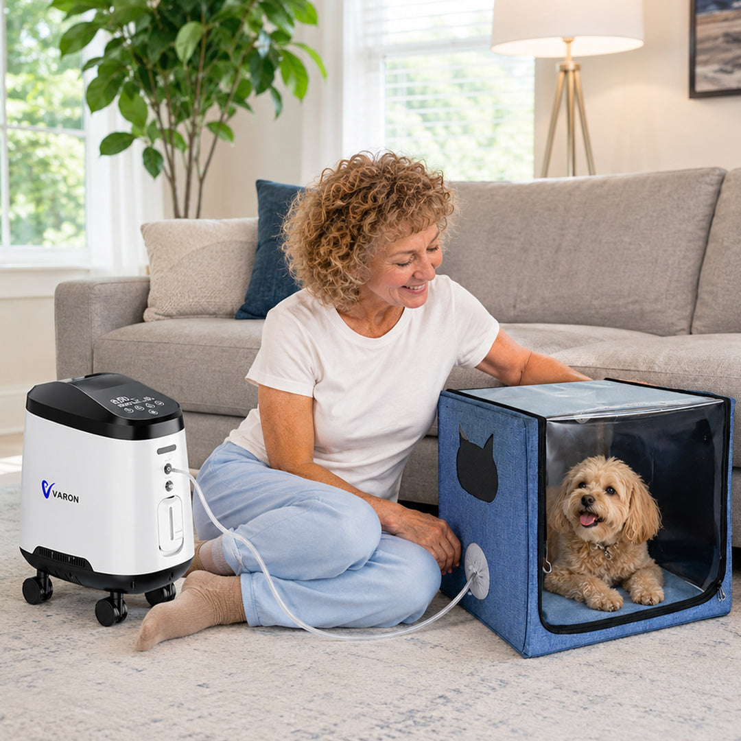 VARON Pet Oxygen Support Bundle for Small Pets with 105W Pro Concentrator With Wheels and Oxygen Chamber
