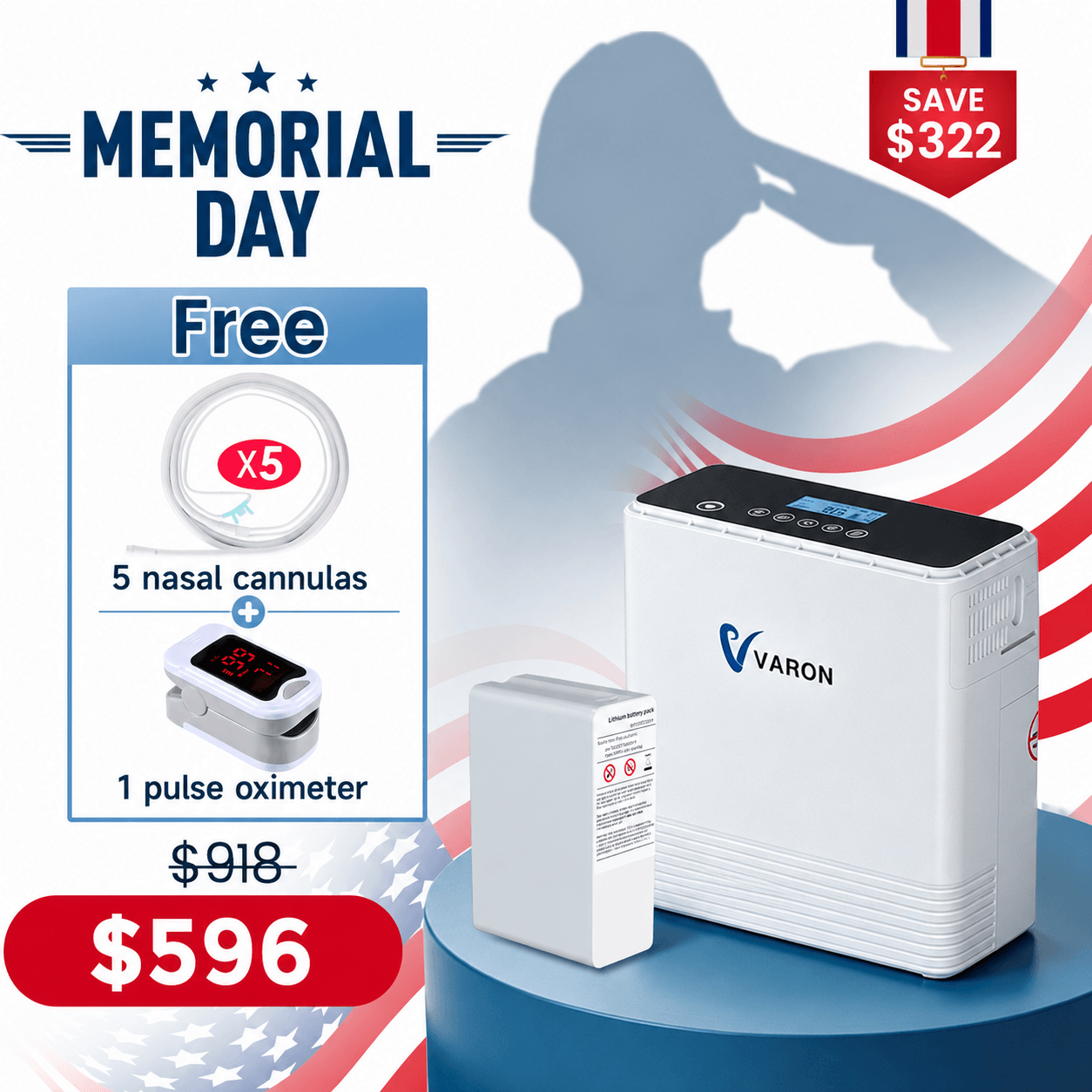 VARON Portable Oxygen Concentrator 1-6L/min NT-06+One Battery Bundle