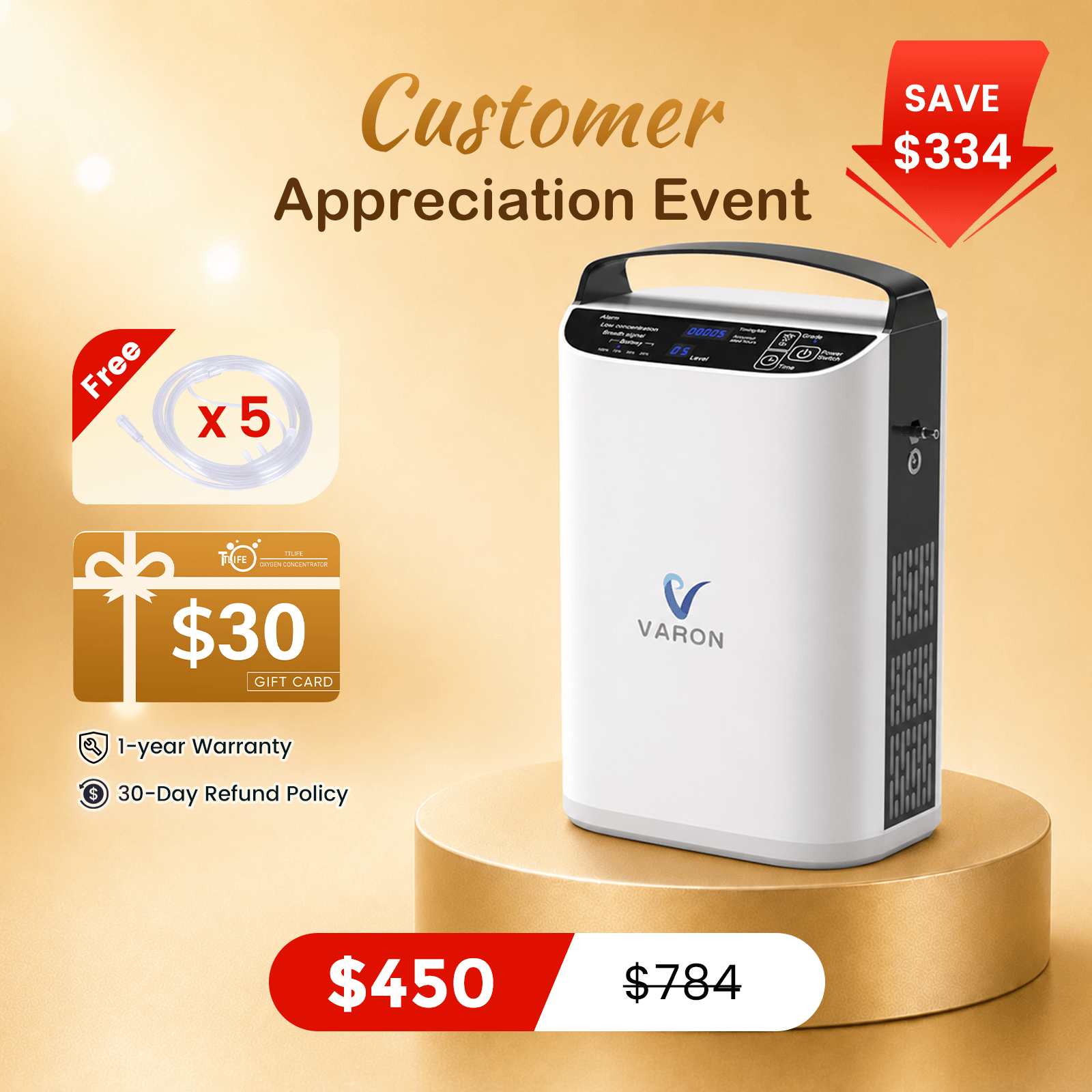 VARON 5L/min Pulse Flow Portable Oxygen Concentrator NT-01