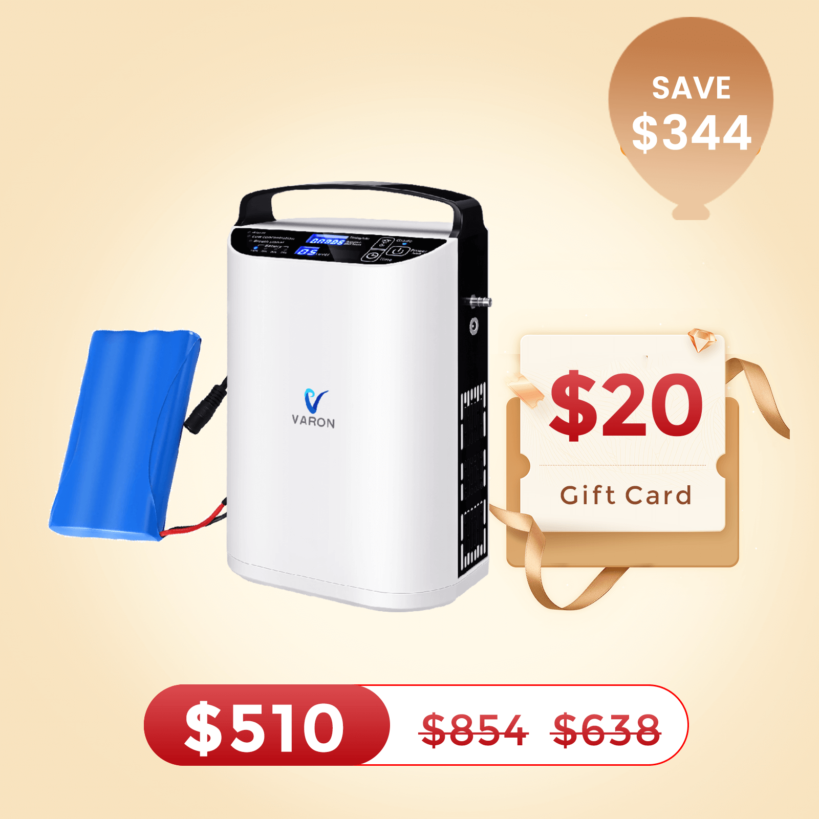 VARON 5L/min Pulse Flow Portable Oxygen Concentrator NT-01+One 8 Cell Battery