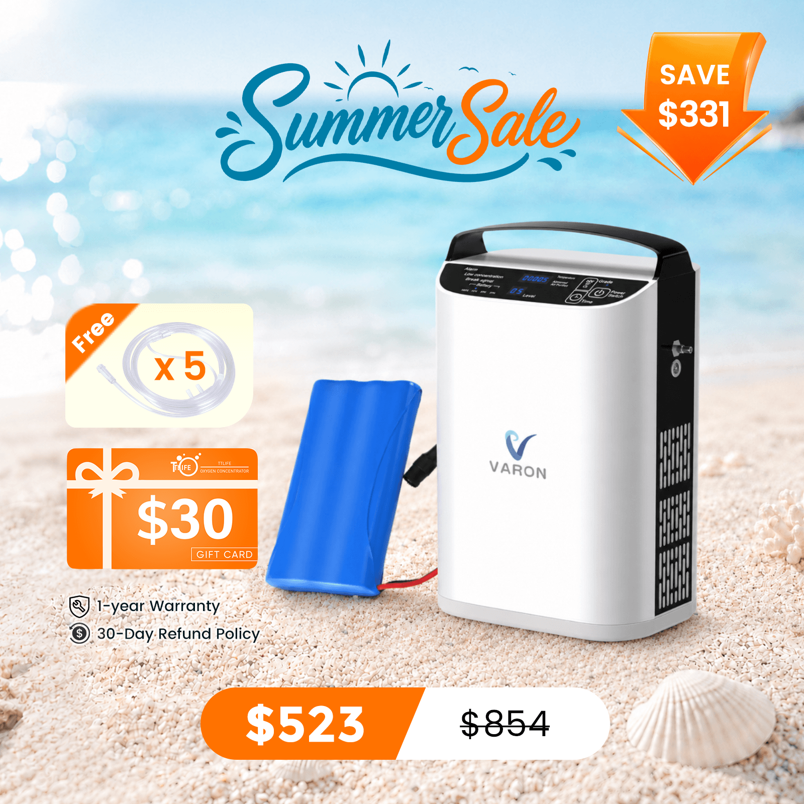 VARON 5L/min Pulse Flow Portable Oxygen Concentrator NT-01+One 8 Cell Battery