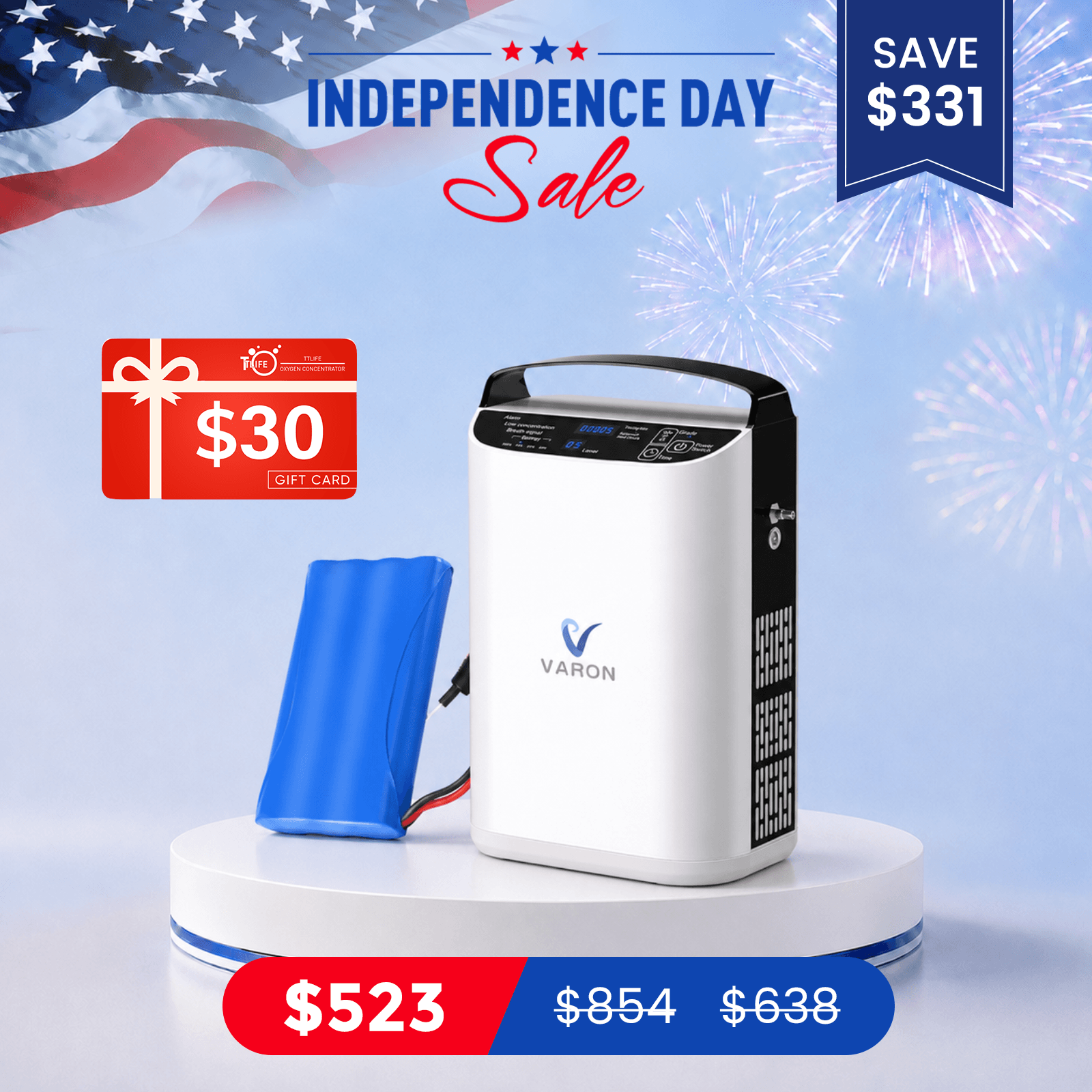 VARON 5L/min Pulse Flow Portable Oxygen Concentrator NT-01+One 8 Cell Battery