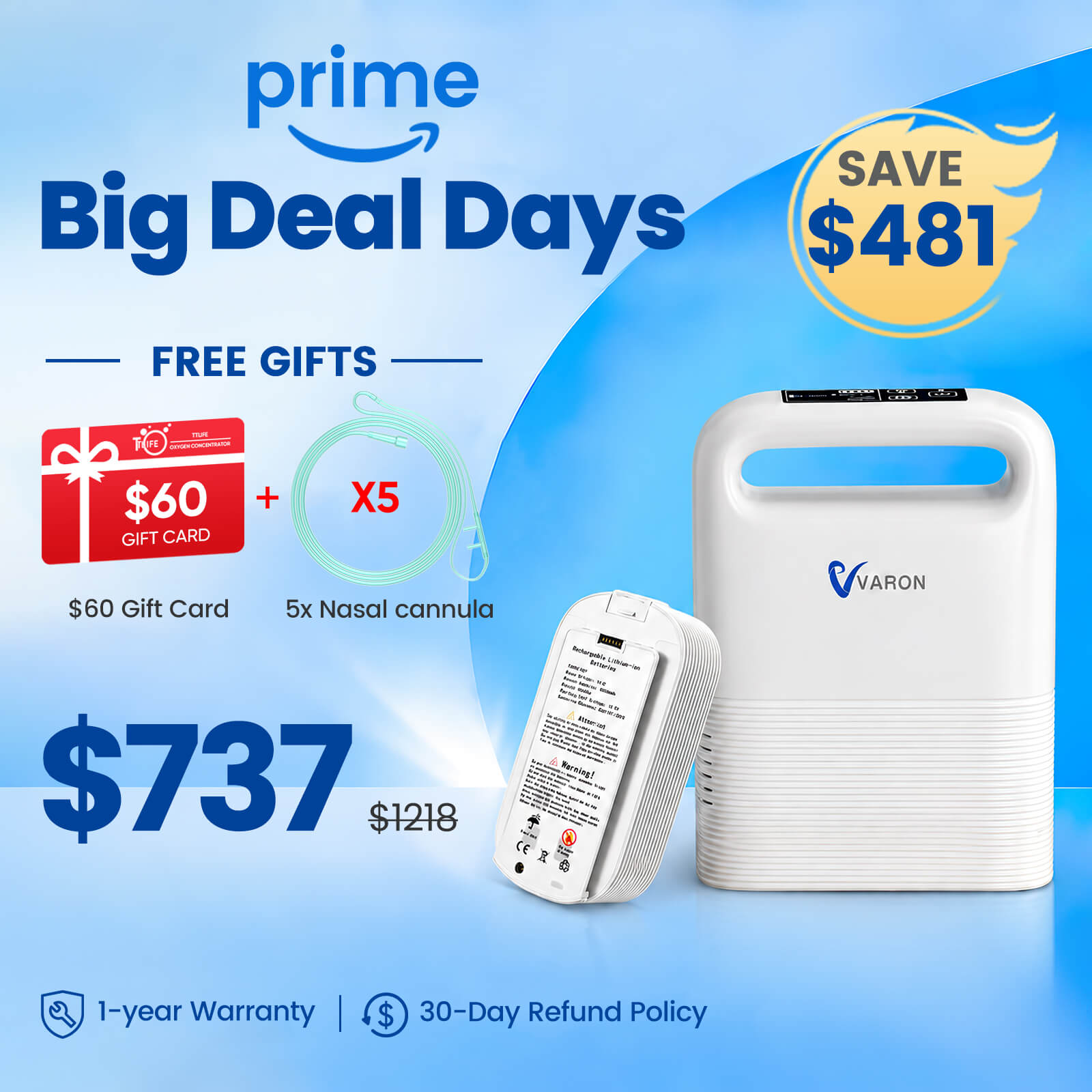 VARON 1-5L/min Pulse Flow Portable Oxygen Concentrator NT-02✨8 Cell/16 Cell Battery