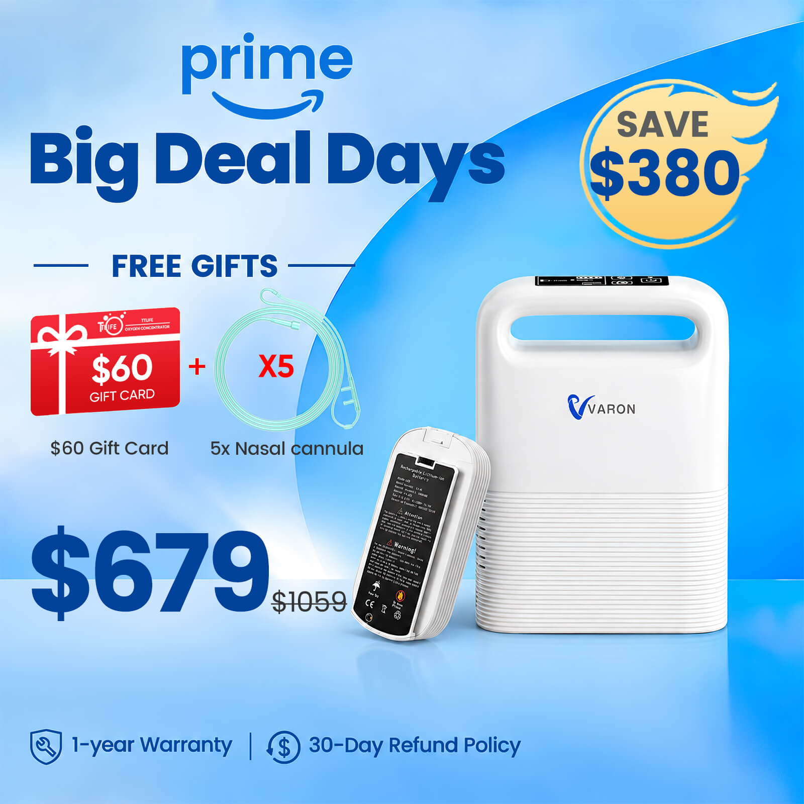 VARON 1-5L/min Pulse Flow Portable Oxygen Concentrator NT-02✨8 Cell/16 Cell Battery