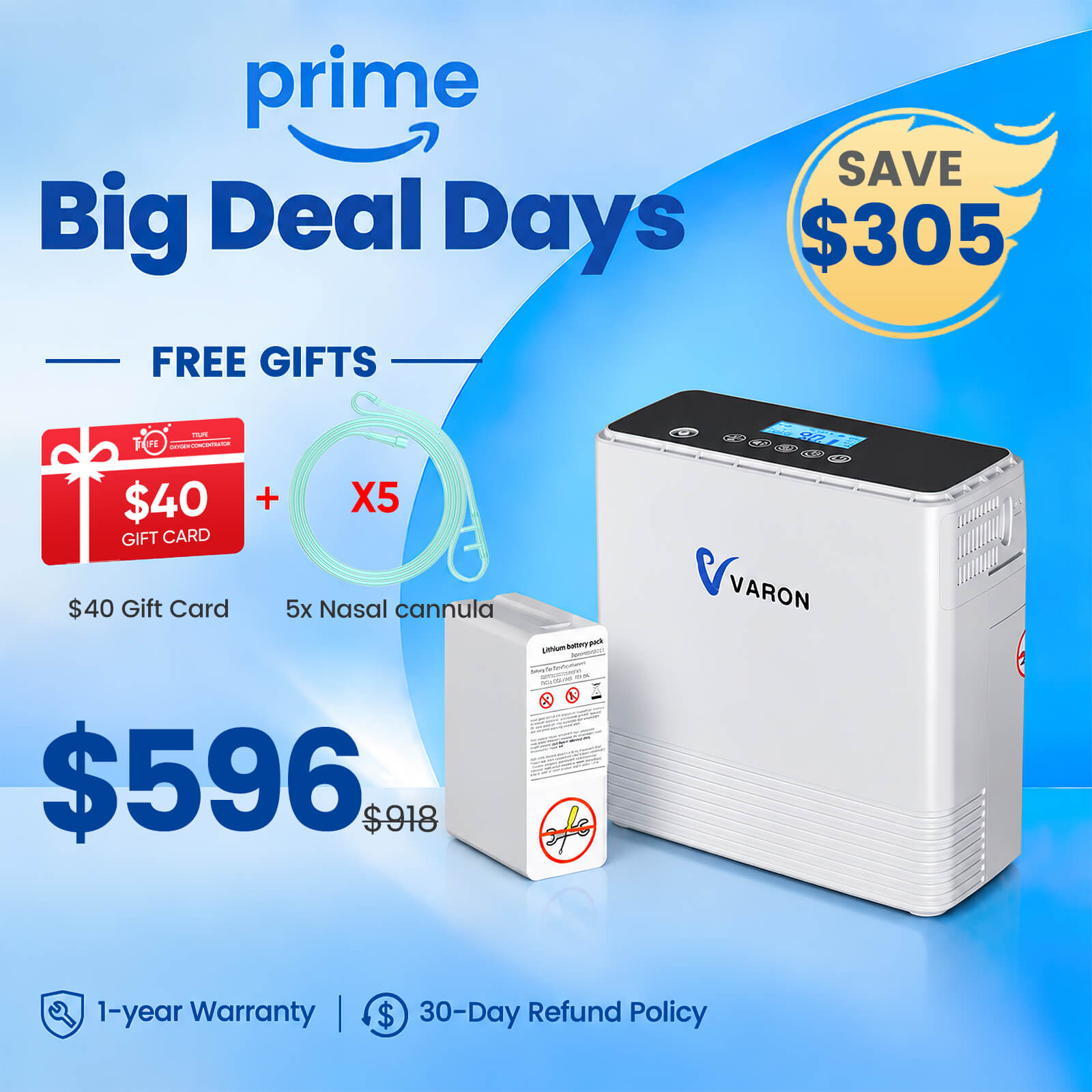 VARON Portable Oxygen Concentrator 1-6L/min NT-06+One Battery Bundle