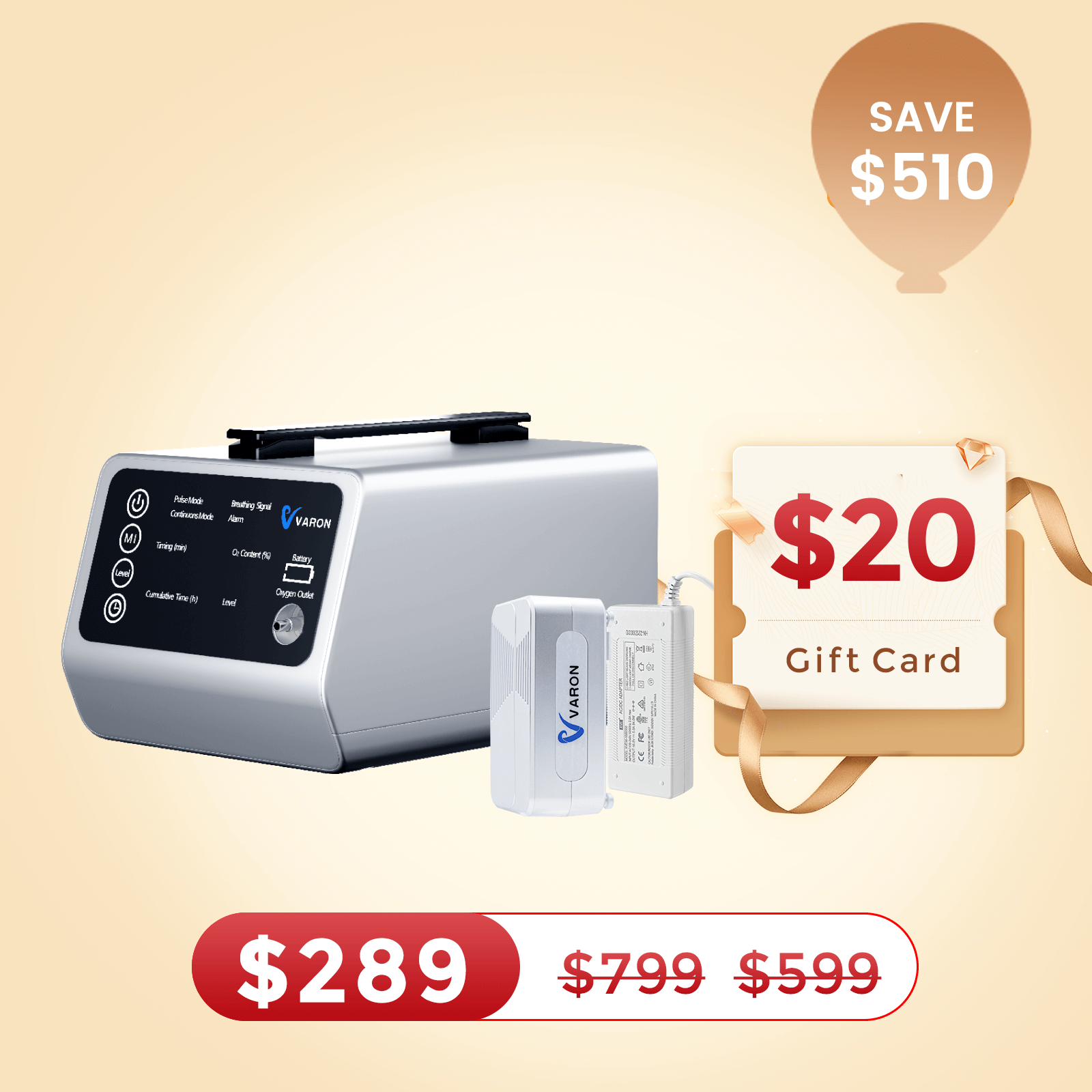 VARON In-Car Portable Oxygen Concentrator for Travel VT-1 + Free Battery & Adapter