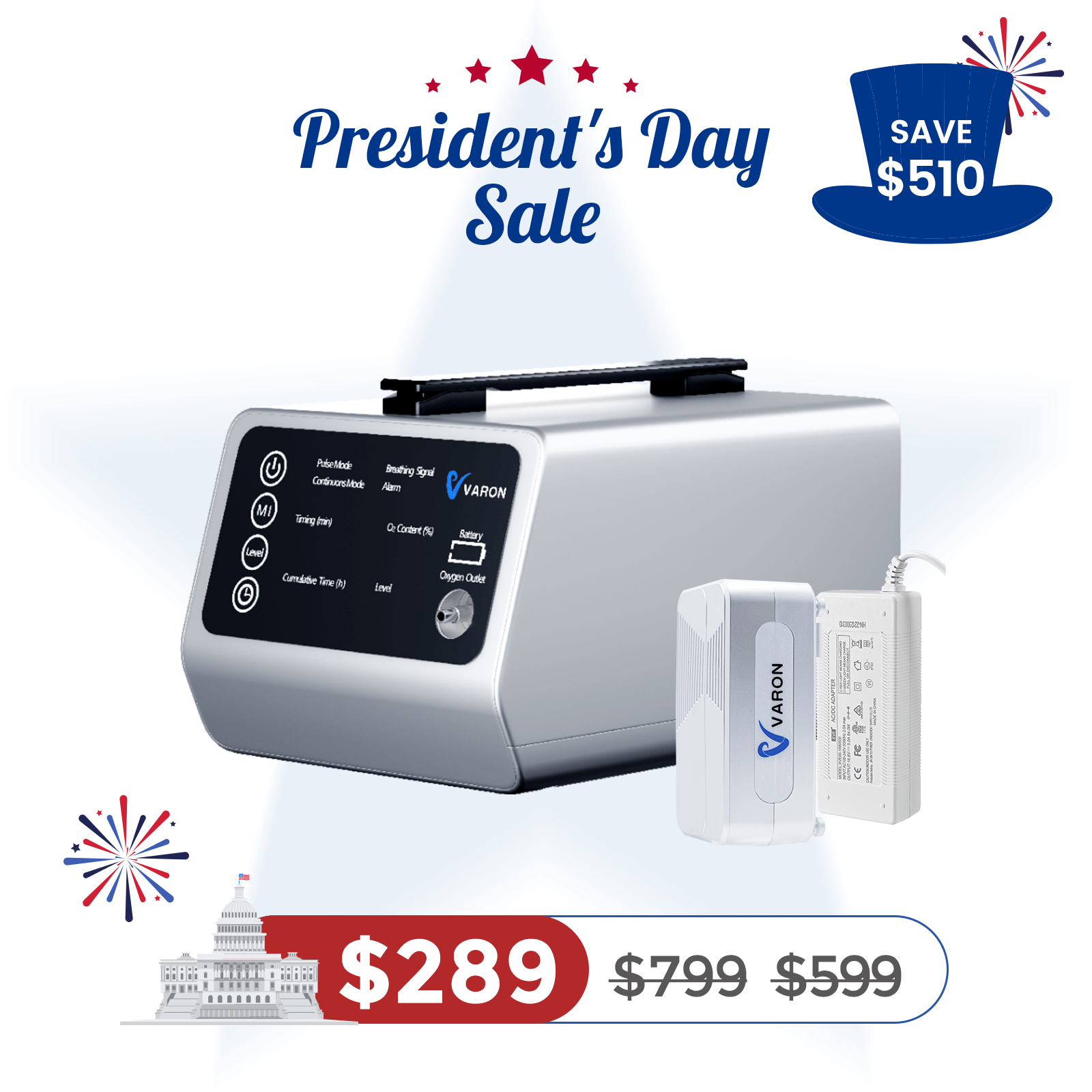 VARON In-Car Portable Oxygen Concentrator for Travel VT-1 + Free Battery & Adapter