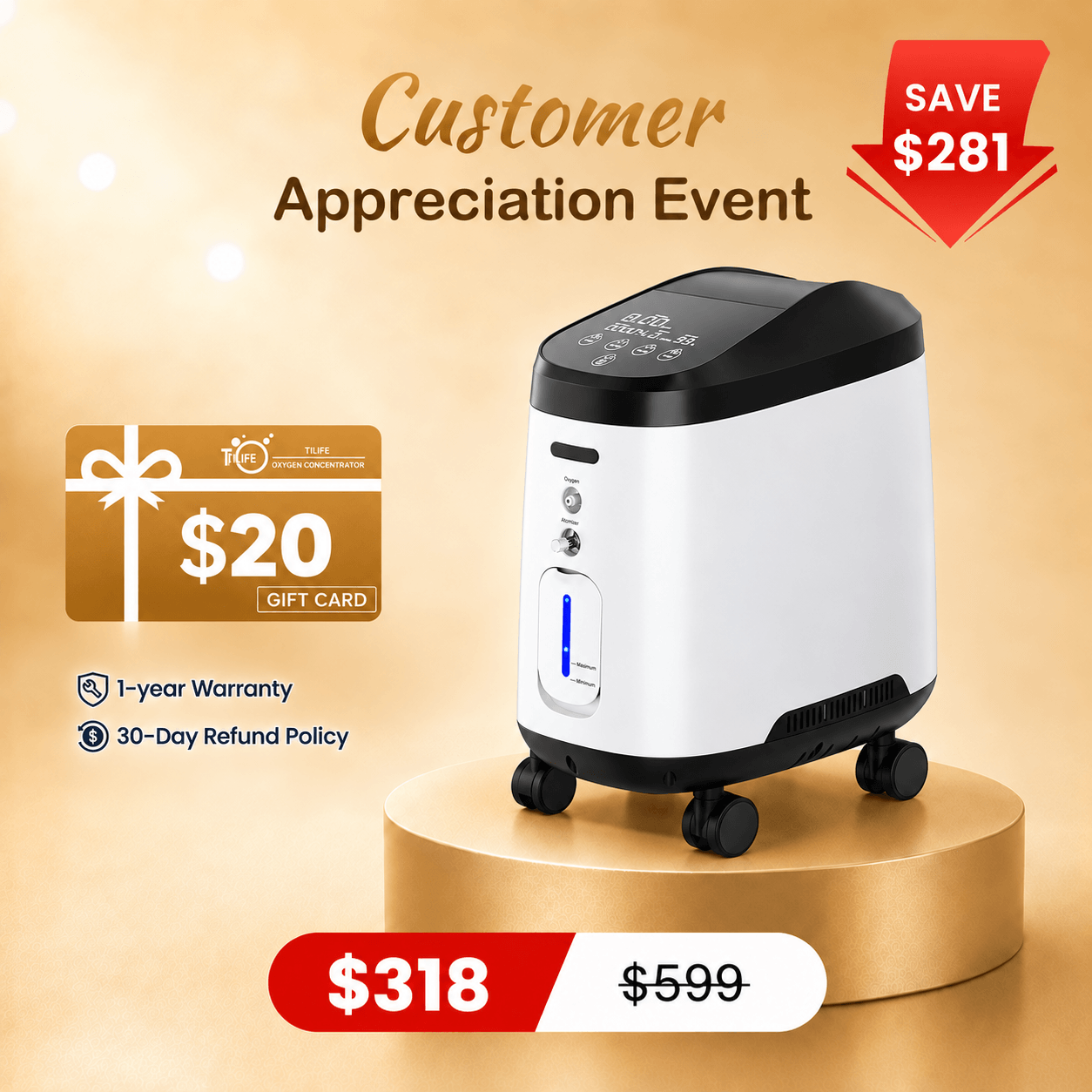 VARON Home Oxygen Concentrator With Wheels 105W Pro
